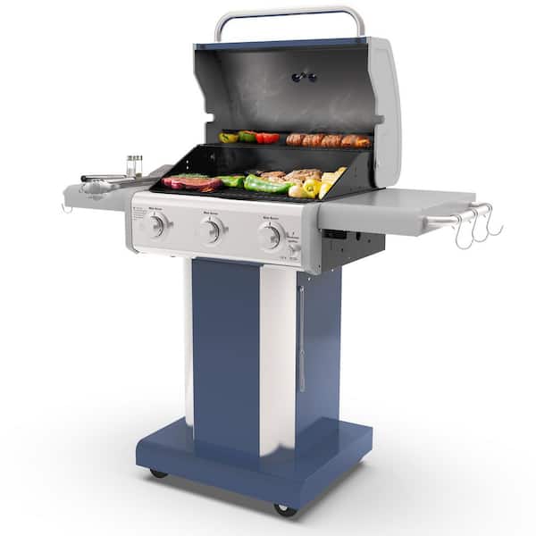 3-Burner Propane Gas Pedestal Grill with Foldable Side Shelves-Azure