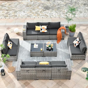 Marvel Gray 12-Piece Wicker Wide Arm Patio Conversation Set with Black Cushions
