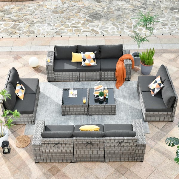 OVIOS Marvel Gray 12-Piece Wicker Wide Arm Patio Conversation Set with Black Cushions