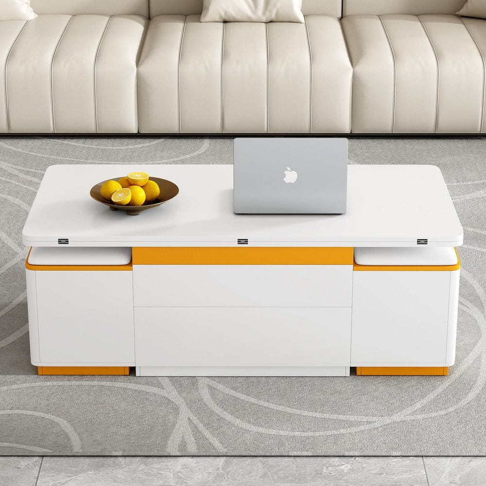 47.2 in. White Rectangle MDF Wood Coffee Table with Storage Stools and Foldable Top