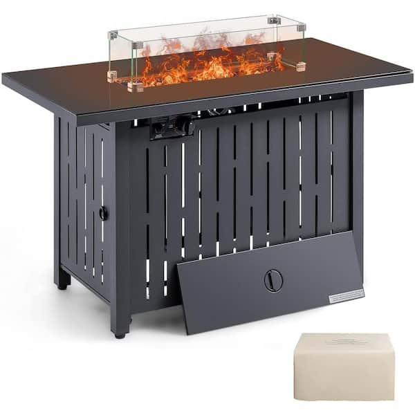 Tozey 43 in. Black Metal Gas Fire Pit Table Outdoor Auto Ignition Patio Gas Firepit with Glass Desktop, Lid and Lava Rock