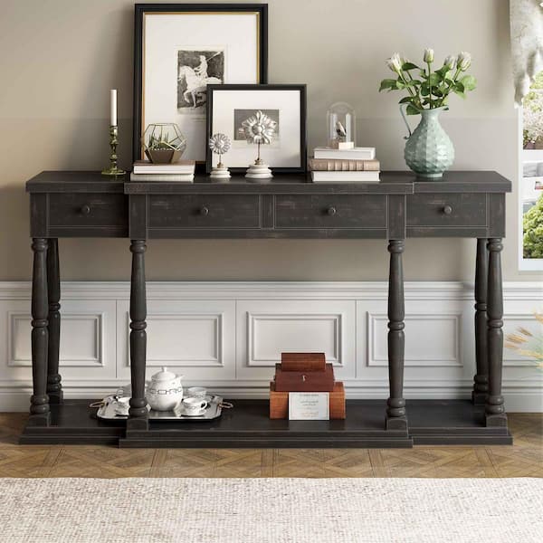 Polibi 63 in. Antique Black Rectangle Wood Console Table with 4 Front Facing Storage Drawers and 1 Shelf