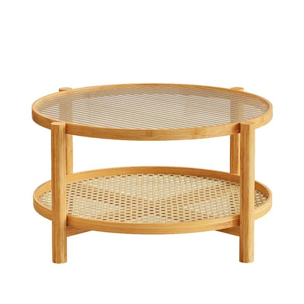 73.5 in. Natural Brown Bamboo Outdoor Coffee Table with Glass Top and PVC Rattan Storage Shelf