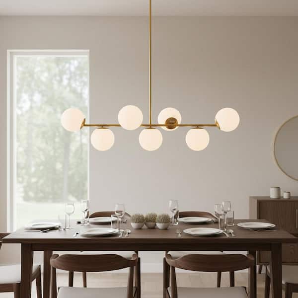7-Light Modern Gold Chandelier with White Glass Globes - Linear Brass Pendant Light for Kitchen Island and Dining Room