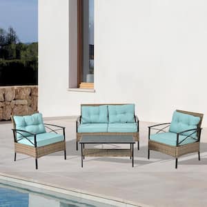 4-Piece Seasonal PE Wicker Outdoor Sectional Set with Blue Cushions and Table