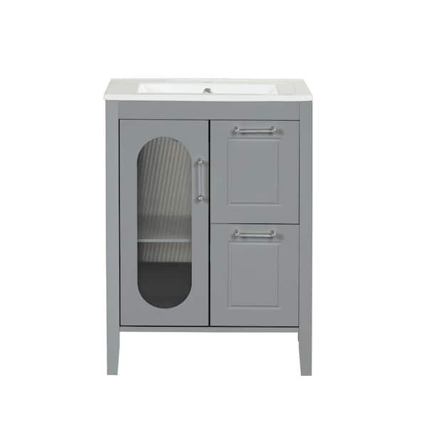 JimsMaison 24 in. W x 18.3 in. D x 33 in. H Freestanding Bath Vanity in Grey with White Ceramic Top