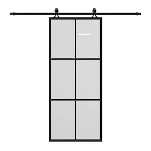 36 in. x 84 in. 6 Lite Clear Glass Black Finished Solid Core Aluminum Barn Door Slab with Hardware Kit