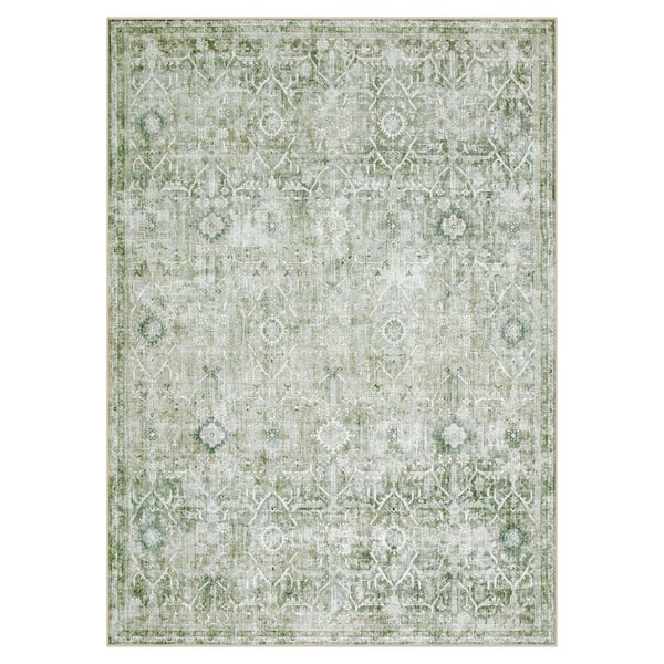 10 X 14 Light Green Vintage Floral Tribal Washable Non Slip Ultra-Thin Soft Area Rug