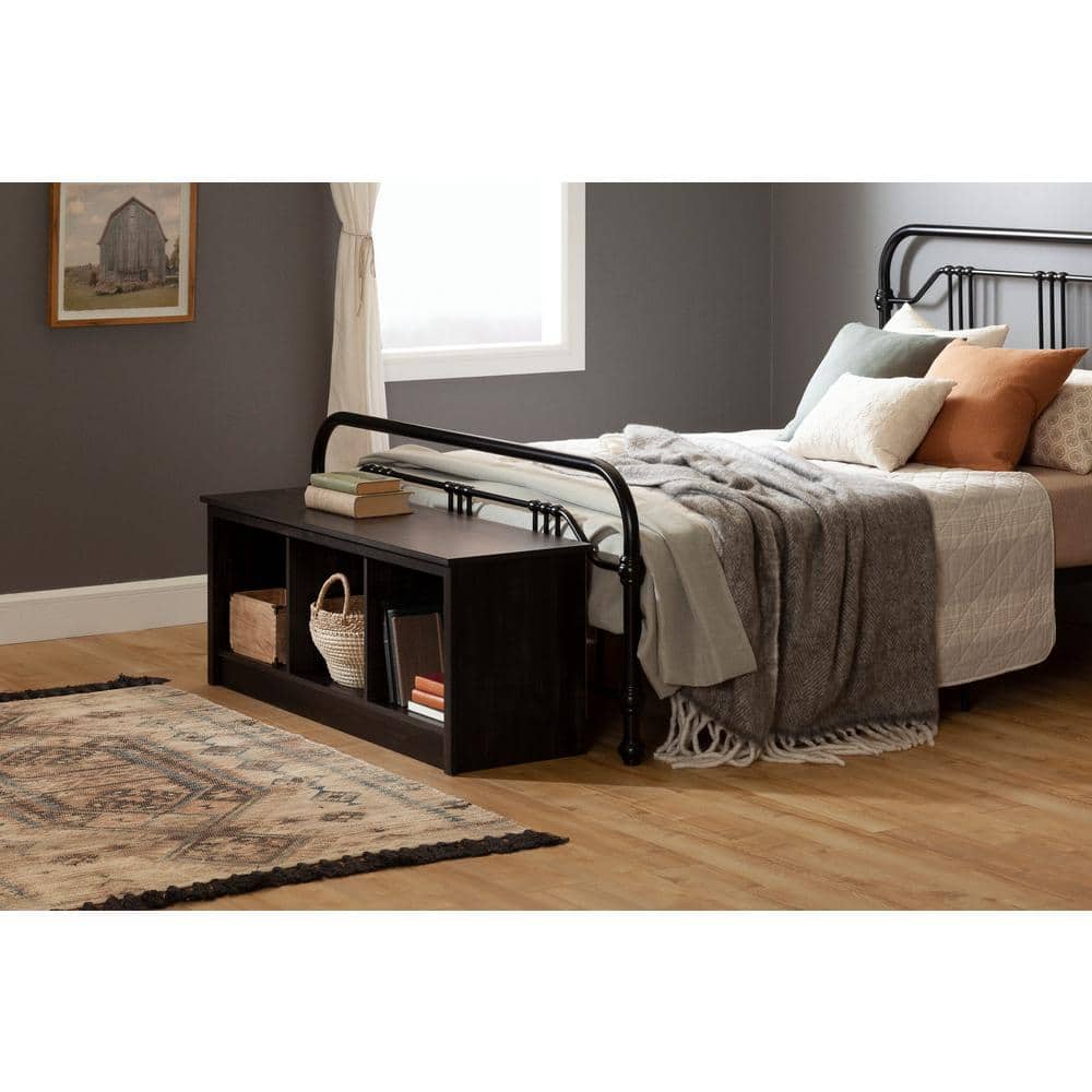 Rubbed Black Farmhouse Storage Bench with Open Compartments
