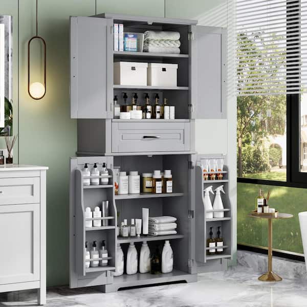 Tenleaf 6-Shelf Gray Wood Kitchen Pantry Organizer Bathroom Storage Cabinet with Adjustable Shelf, Drawer