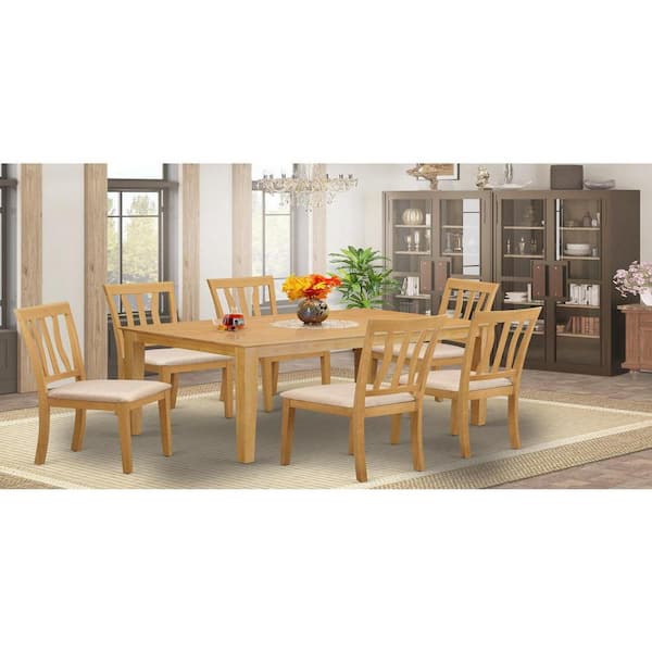 East West Furniture 7-Piece Rectangle Natural Oak Finish Solid Wood Top Dining Table with 6 Chairs with Lattice Back