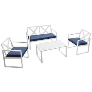 4-Pieces Metal Sturdy Steel Patio Conversation Set with Navy Cushions