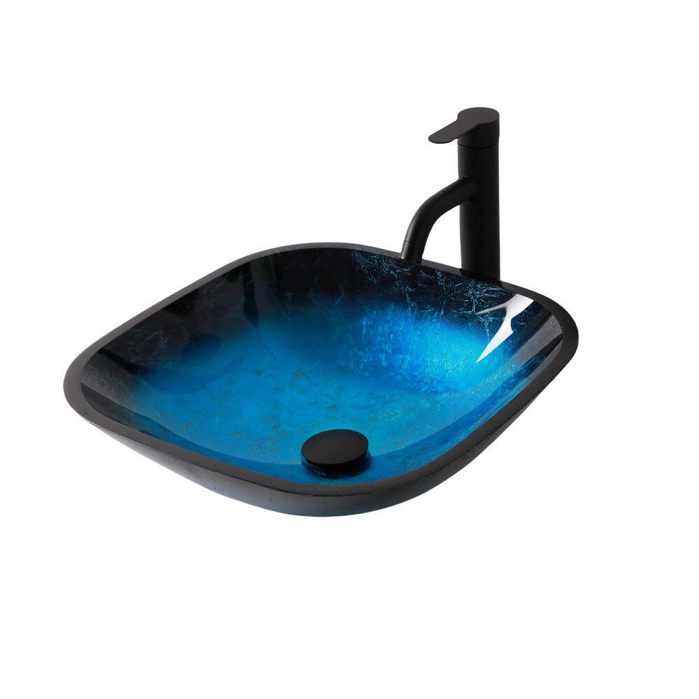 16.75 in. Vessel Rectangular Bathroom Sink with Drain and Faucet in Blue Tempered Glass price history on PriceWatchPro