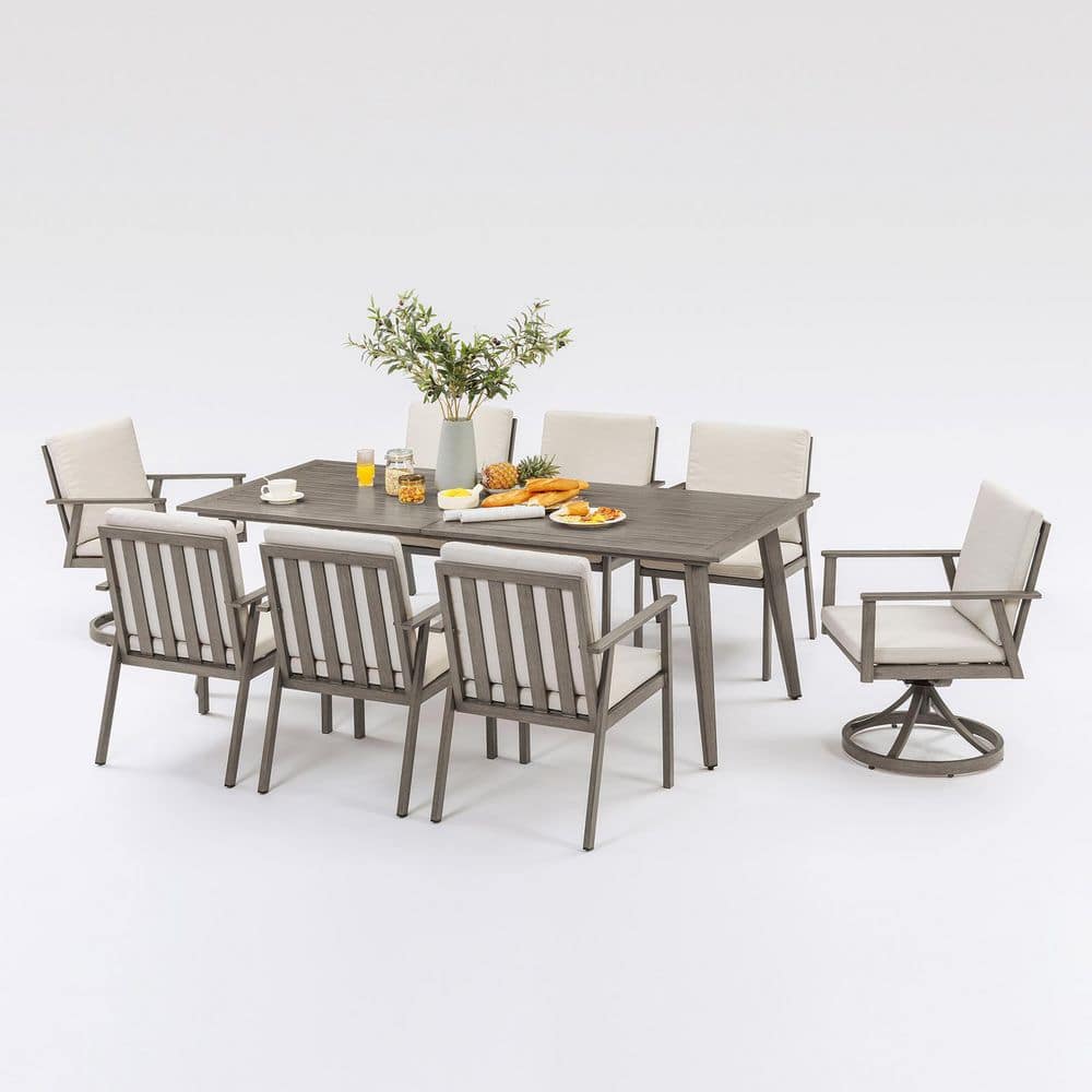 Gray 9-Piece Aluminum Outdoor Dining Set with 2-Swivel Dining Chairs, Rectangular Table and Beige Cushions price history on PriceWatchPro