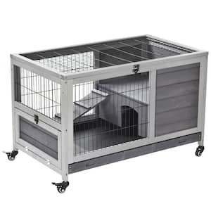 Grey Wooden Indoor Elevated Cage with No Leak Tray Enclosed Run with Wheels