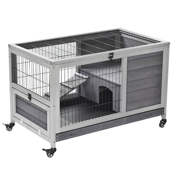 PawHut Grey Wooden Indoor Elevated Cage with No Leak Tray Enclosed Run with Wheels
