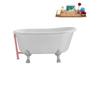 57 in. x 29.5 in. Acrylic Clawfoot Soaking Bathtub in Glossy White with Polished Chrome Clawfeet and Matte Pink Drain