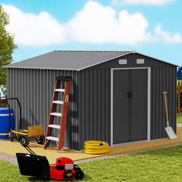 10 ft. x 8 ft. Outdoor Metal Storage Shed Tool House with Foundation and Lockable Doors for Garden, Gray (75 sq. ft.)