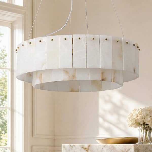 24 in. Modern Gold Alabaster Chandelier Round 8-Light Dining Room Ceiling Pendant Lighting