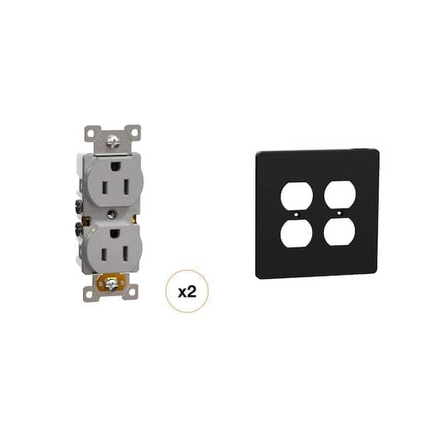 X Series 15 Amp Duplex Outlet Matte Gray and 2-Gang Wall Plate Matte Black Combo