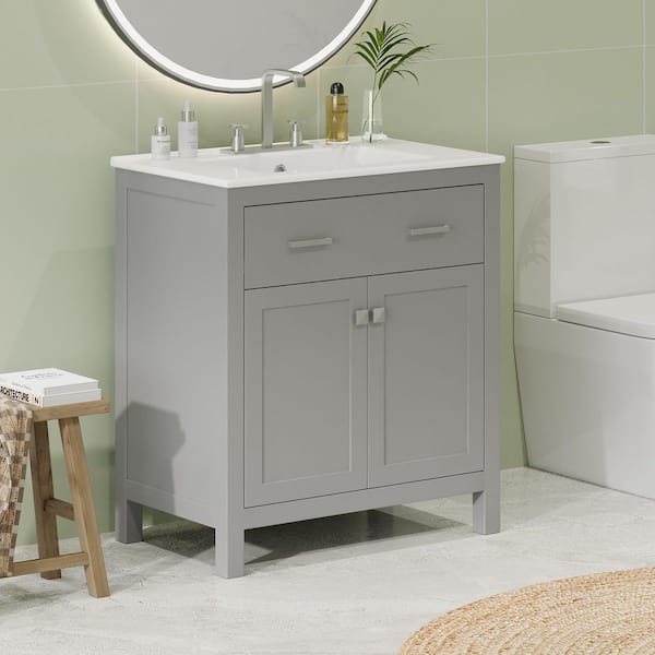 30 in. W Single Sink Modern Freestanding Gray Bath Vanity with White Ceramic Top Dual Storage Shelves (Unassembled)