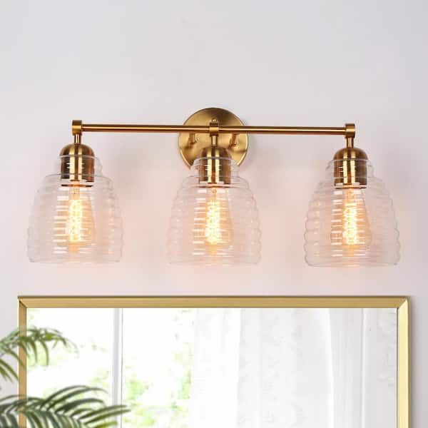 LNC Modern Farmhouse 23 in. 3-Light Plated Brass Bathroom Vanity Light with Honey Jar-Shaped Glass Shades Powder Room Sconce