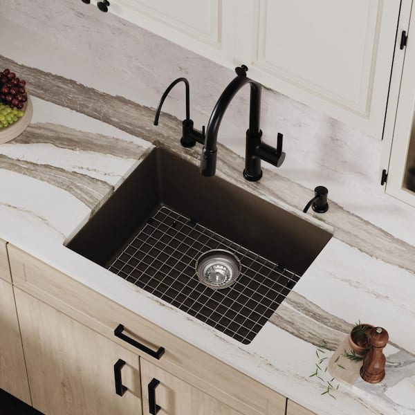 Karran Quartz/Granite 24.38 in. Single Bowl Undermount Kitchen Sink in Brown with Bottom Grid and Strainer