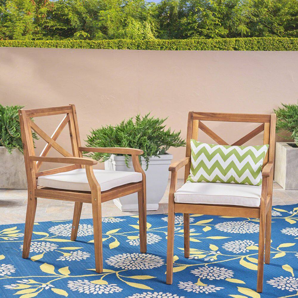 (Set of 2) Wood Patio Dining Chairs with White Cushions-Elegant and Durable
