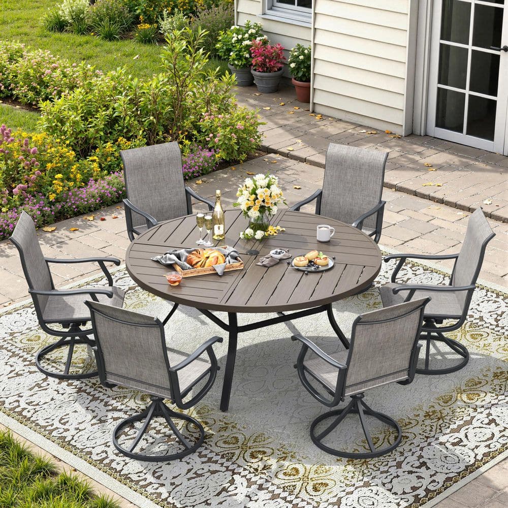 7-Piece Outdoor Patio Dining Set with 50 in. Grey Wood-Like Round Dining Table and 6 Grey Textilene Swivel Dining Chairs price history on PriceWatchPro