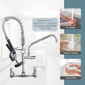Commercial Triple Handle Wall Mount 21. Pull Down Sprayer Kitchen Faucet with Pre-Rinse Sprayer Solid Brass in Chrome