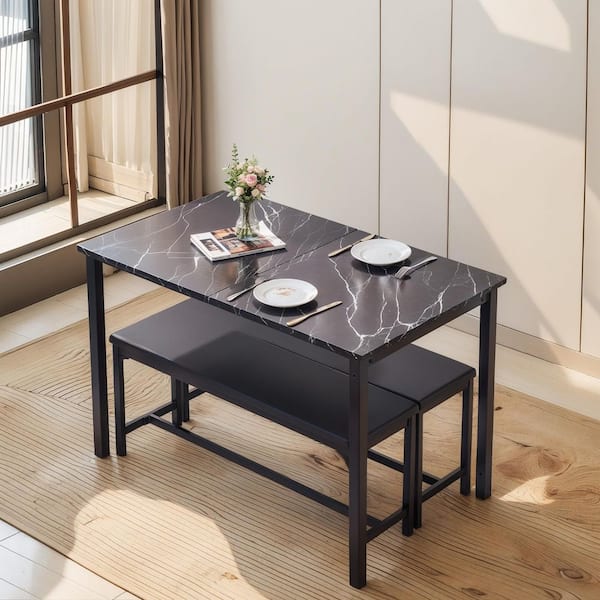 VECELO 3-Piece 63 in. Extendable Dining Table Set with Benches