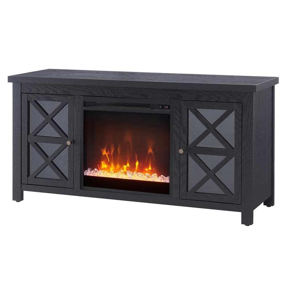 Colton 55" Black Metal TV Stand with Crystal Fireplace and Cabinet