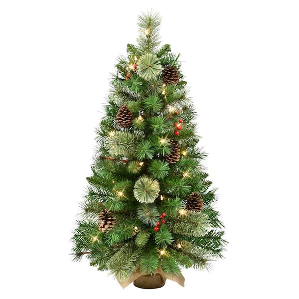 Puleo International 3 ft. Pre-Lit Pine Adorned Artificial Christmas ...