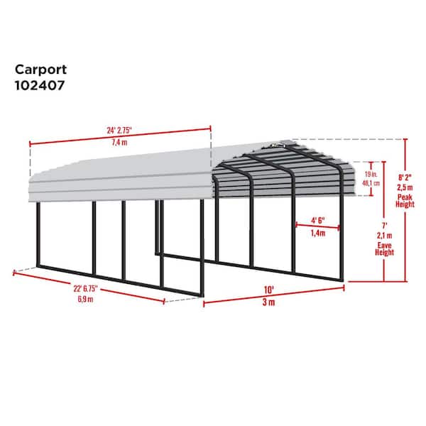 10 ft. W x 24 ft. D x 7 ft. H Charcoal Galvanized Steel Carport, Car Canopy and Shelter