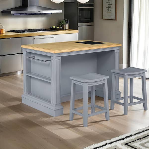 Hazel Gray Wood top 55 in. W Kitchen Island with Stools, Storage, Doors, Drawers