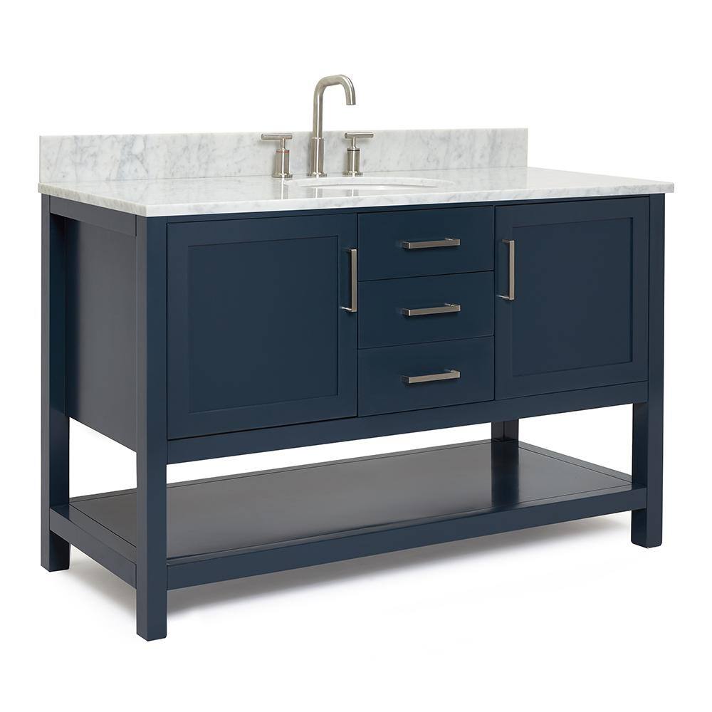 Midnight Blue Single Vanity with White Marble Top, 55"
