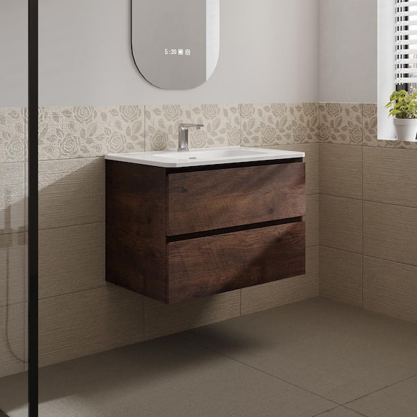 Aaby 30 in. W x 18 in. D x 21 in . H Wall Mounted Floating Bath Vanity Cabinet in Brown with White Ceramic Top and Sink
