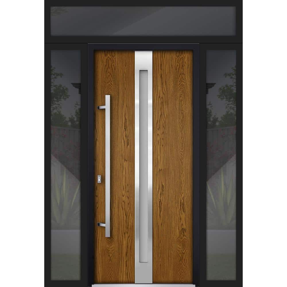 60 in. x 96 in. Right-Hand/Inswing 3 Sidelights Frosted Glass Oak Steel Prehung Front Door with Hardware price history on PriceWatchPro