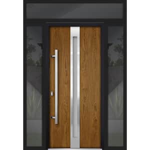 60 in. x 96 in. Right-Hand/Inswing 3 Sidelights Frosted Glass Oak Steel Prehung Front Door with Hardware