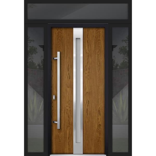 VDOMDOORS 68 in. x 96 in. Right-Hand/Inswing 3 Sidelights Frosted Glass Oak Steel Prehung Front Door with Hardware
