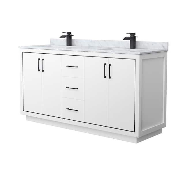 Wyndham Collection Icon 66 in. W x 22 in. D x 35 in. H Double Bath Vanity in White with White Carrara Marble Top