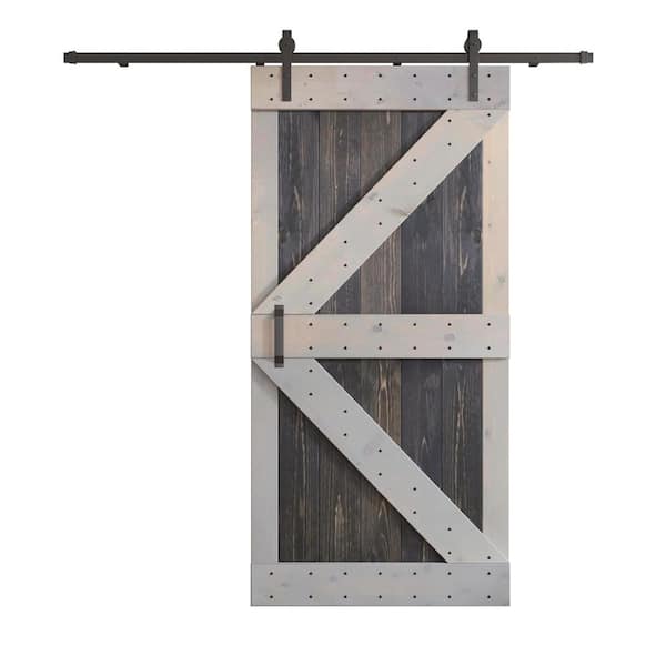 COAST SEQUOIA INC K Series 42 in. x 84 in. Carbon Grey/Light Grey Knotty Pine Wood Sliding Barn Door with Hardware Kit