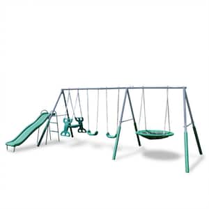 Rochester Metal Swing Playset with Glider, Saucer Swing and 6 ft. Slide, BONUS Anchor Kit Included for Kids 3-8