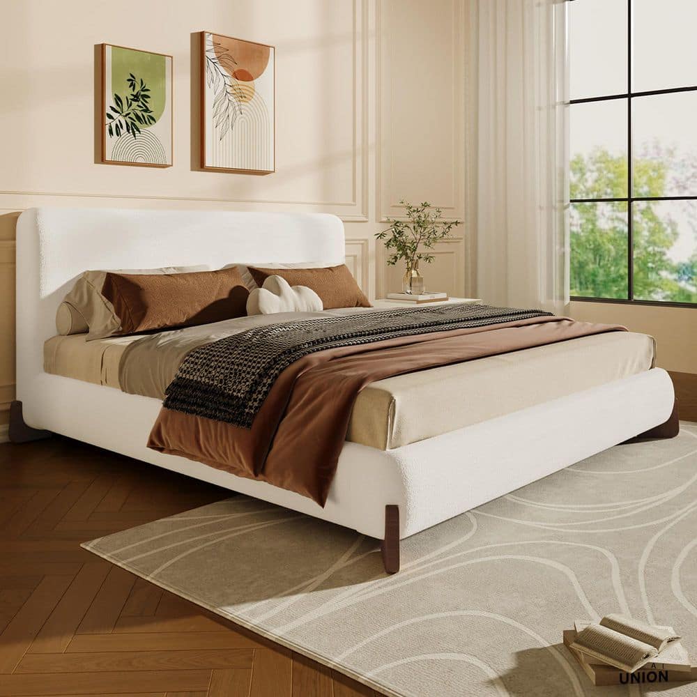 white bed with brown dresser Athena Modern Upholstered Boucle Wood Frame Queen Size Platform Headboard Dark Legs Finished with a natural JUL 2025 Hosanna 5573 Modest 3-Piece Size:42FR - 14UK - 10US
