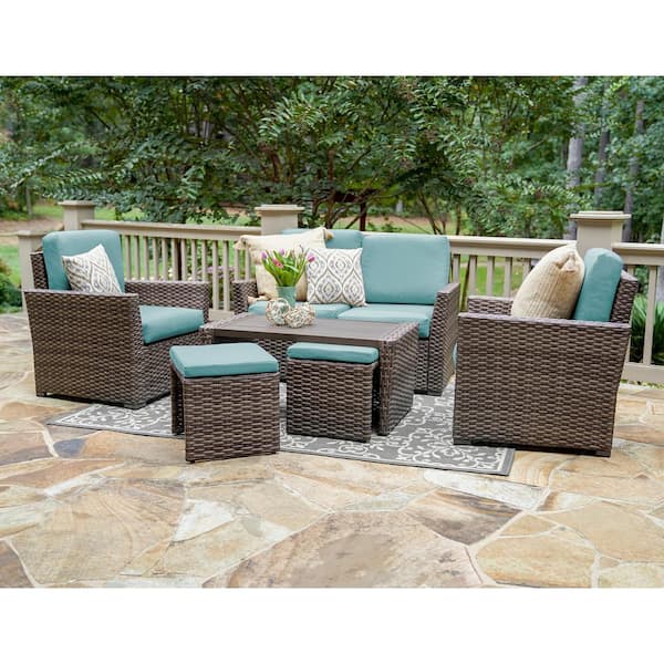 Leisure Made Newton 6-Piece Wicker Seating Set with Spa Blue Cushions