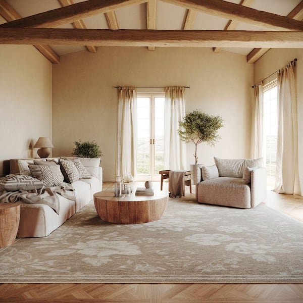 Fanesey Floral Farmhouse Washable Beige 6 ft. x 9 ft. Indoor Area Rug