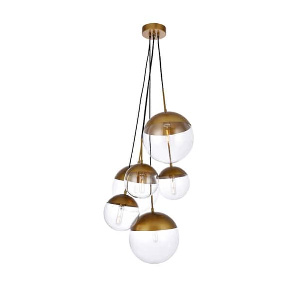 Unbranded Timeless Home Eden 6-Light Brass Pendant with 8 in./12 in. W x 7.5 in./11.5 in. H Clear Glass Shade