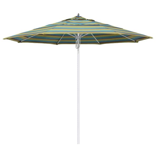 California Umbrella 11 ft. Silver Aluminum Commercial Market Patio Umbrella Fiberglass Ribs and Pulley lift in Astoria Lagoon Sunbrella