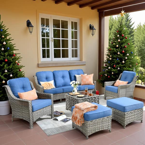 HOOOWOOO Denver 6-Piece Wicker Outdoor Furniture Patio Conversation Sofa Set with a Solar LED Table and Sky Blue Cushions