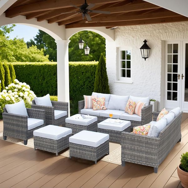 OVIOS New Vultros Gray 8-Piece Wicker Outdoor Patio Conversation Seating Set with Gray Cushions